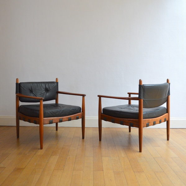 Paire de fauteuils Scandinave Teck et Cuir vintage