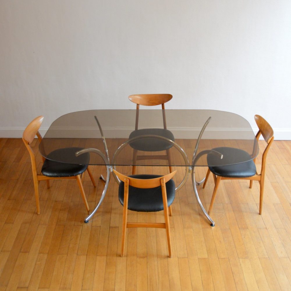 Ensemble Table + 3 Chaises Vintage - Gastone Rinaldi - Design Années 70 - Métal Argenté