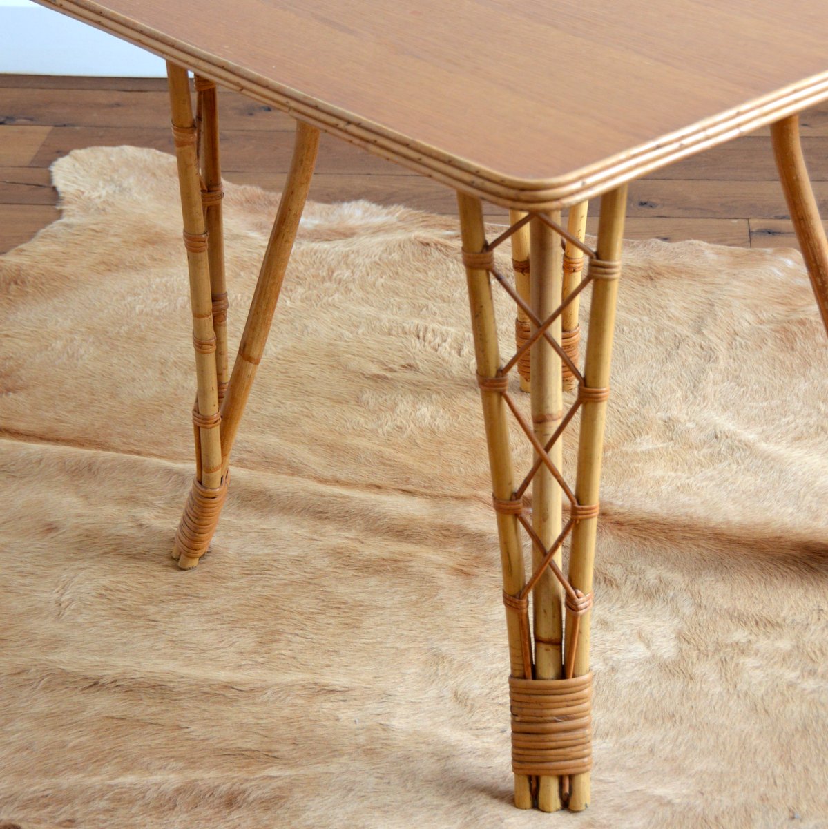 Table repas avec plateau amovible rotin & bambou vintage années 60