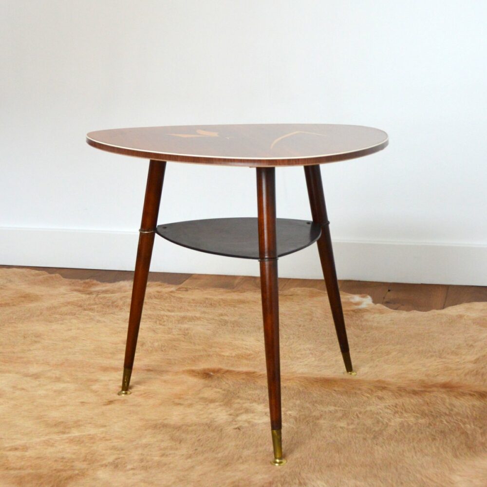 Table tripode bois et formica imprimé vintage 1950s