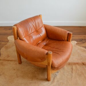 Fauteuil scandinave Danish : lounge chair cuir cognac 1960 vintage 3