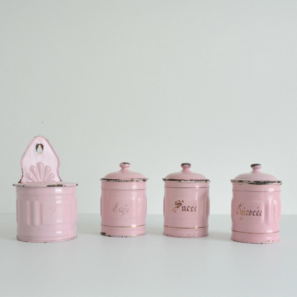 Lot de 4 pots à sucre, farine, sel et café vintage ancien émaillé