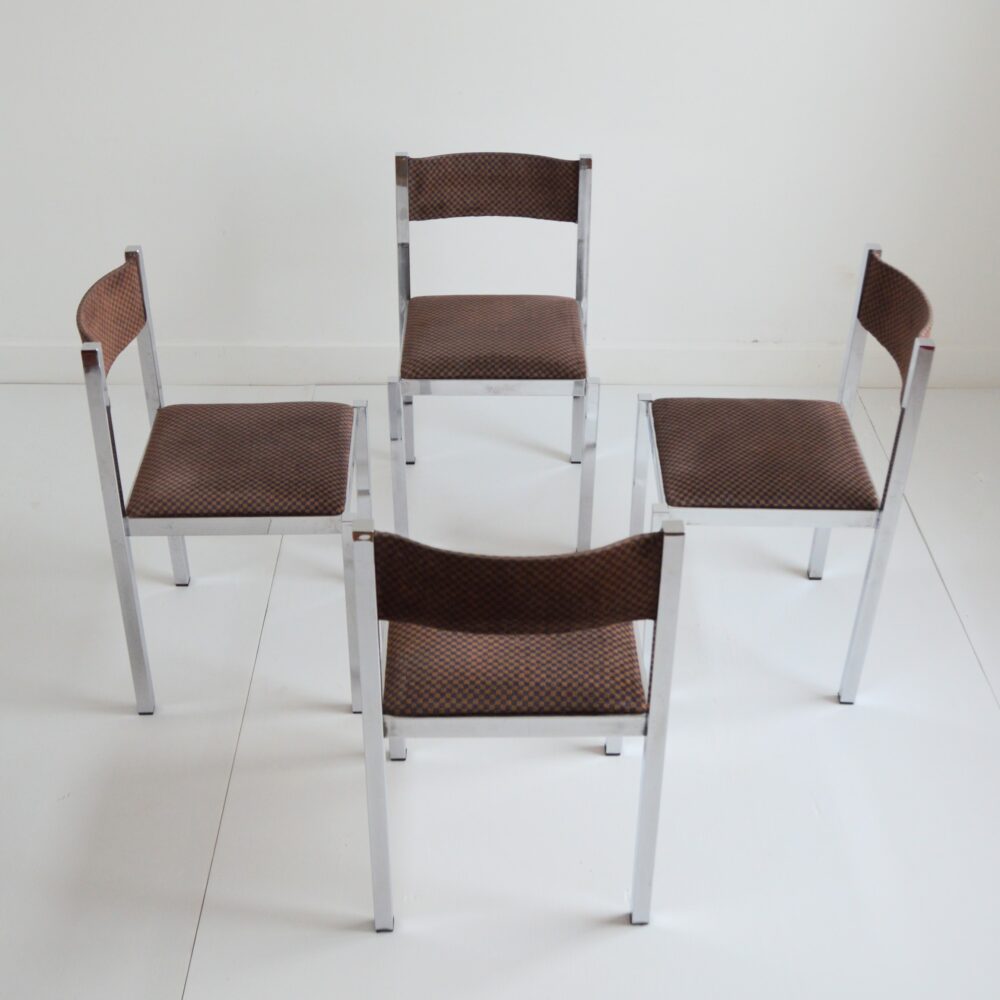 4 chaises à manger chrome et verre fumé Milo Baughman – 1970 – Italie