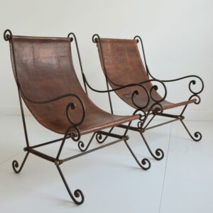 2 fauteuils ancien fer forgé et cuir tendu vintage 13