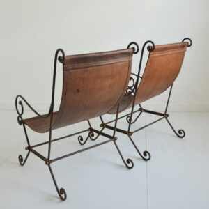 2 fauteuils ancien fer forgé et cuir tendu vintage 19