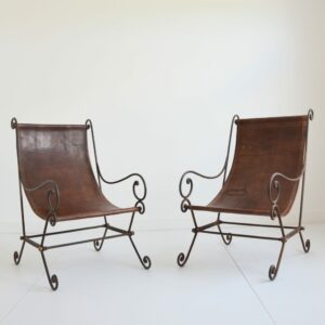 2 fauteuils ancien fer forgé et cuir tendu vintage 2