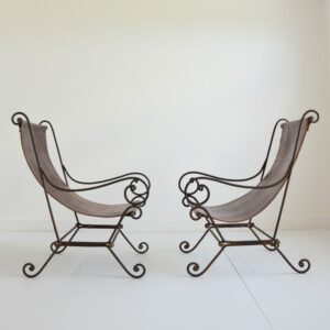 2 fauteuils ancien fer forgé et cuir tendu vintage 4