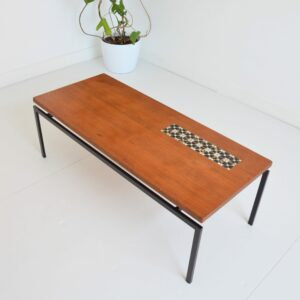 Table basse 1950 teck : Métal : Faïence fleurs vintage 2