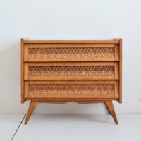 Commode pieds compas bois et rotin 1960s