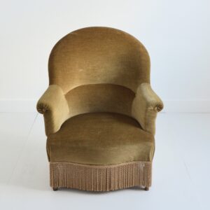 Fauteuil crapaud : Fauteuil club velours kaki 1950 vintage 2