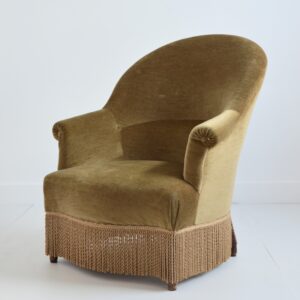 Fauteuil crapaud : Fauteuil club velours kaki 1950 vintage 20