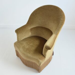 Fauteuil crapaud : Fauteuil club velours kaki 1950 vintage 22