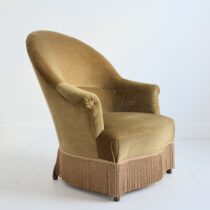Fauteuil crapaud : Fauteuil club velours kaki 1950 vintage 8
