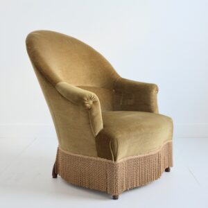 Fauteuil crapaud : Fauteuil club velours kaki 1950 vintage 8