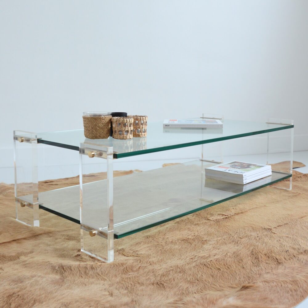 Table basse double plateaux en verre et plexi 1970 vintage