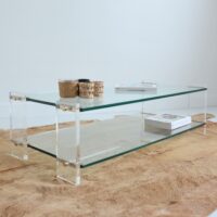 Table basse double plateaux en verre et plexi 1970 vintage