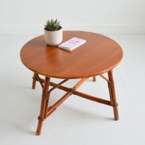 Table basse ronde bois et rotin 1960 vintage 1