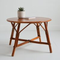 Table basse ronde bois et rotin 1960 vintage