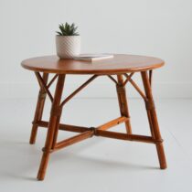 Table basse ronde bois et rotin 1960 vintage 3