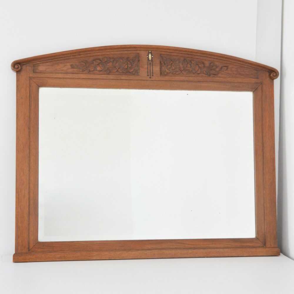 Grand miroir biseauté Art Nouveau en Chêne 1920 vintage